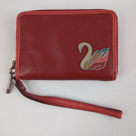 Fossil Handbags - Fossil Red Leather Coin Purse Wallet Swan Detail Cow Hide Leather